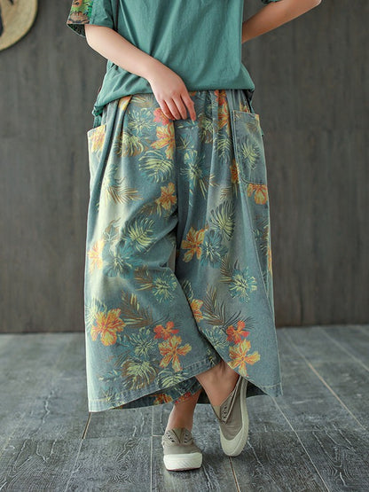 VINTAGE LOOSE PRINT JEAN WIDE-LEG PANTS