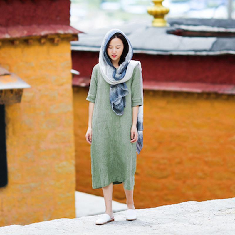 Round Neck Half Sleeve Women Summer Loose Green Pleated Dress