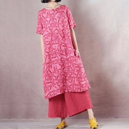 Short Sleeve Red Linen Casual Pockets Women Dress