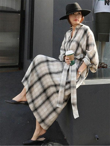 BIG PLAID LACE-UP LONG SHIRT DRESS