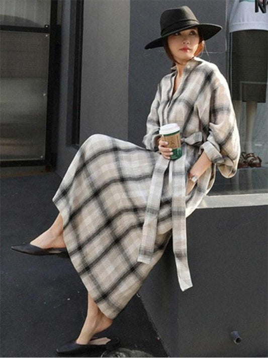 BIG PLAID LACE-UP LONG SHIRT DRESS