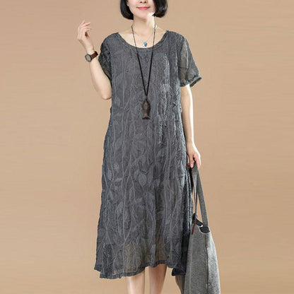 Summer Short Sleeves Women Casual Round Neck Dark Gray Dress