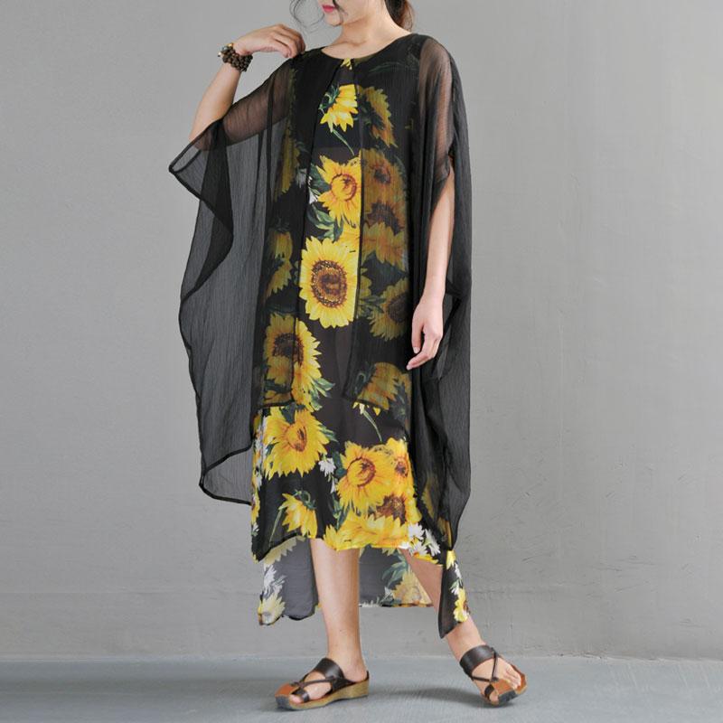 Summer Fake Two Pieces Yellow Flower Printed Bat Sleeve Dress
