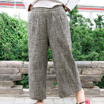 Loose linen Ankle Length Gray Coffee Stripe Women Pants