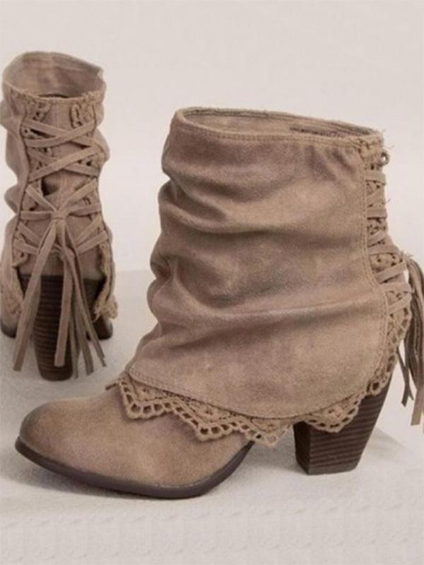 Solid Color Bandage Tasseled Purfle Lace Ankle Boots Shoes