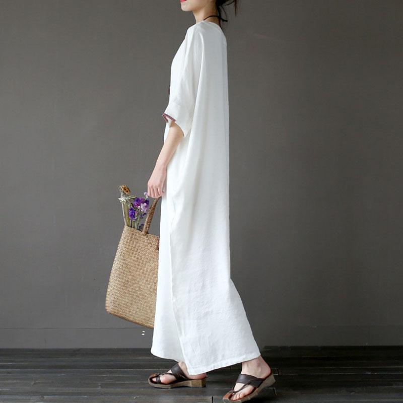 Women Flax Cotton 1/2 Sleeve Embroidery White Dress