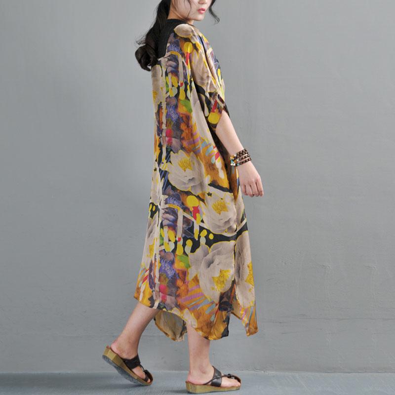 Loose Single Breasted Three Quarter Sleeve Printed Dress