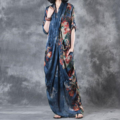 Printing Women Summer Loose Casual Irregular Floral Blue Dress