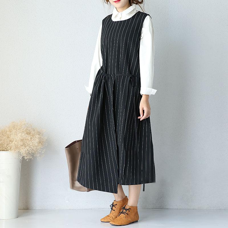 Large Size Round Neck Sleeveless Women Stripe Lacing Dress