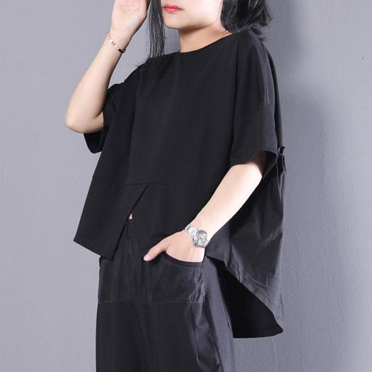 Women Black Cotton Short Sleeve Pleated Loose Tops
