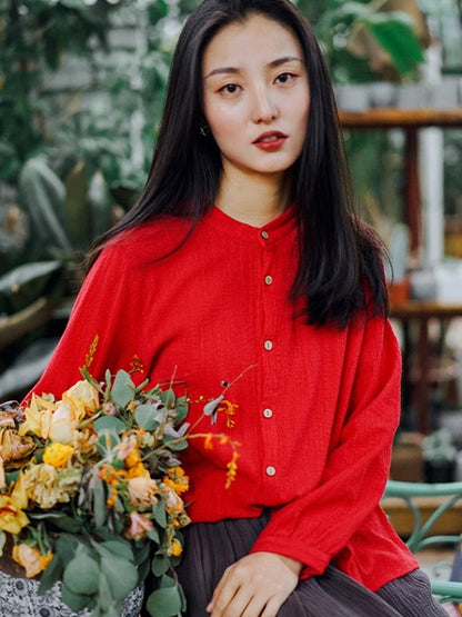 SOLID LOOSE PLEATED STAND COLLAR SHIRT