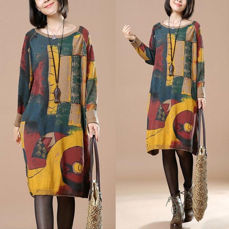 Women Print retro long sleeve dress