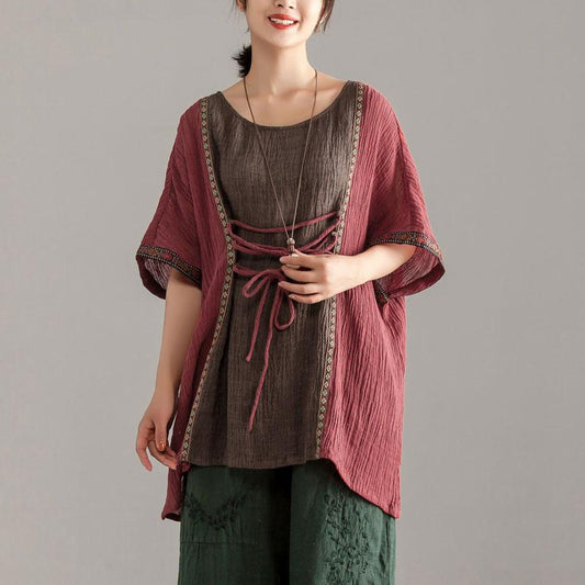 Loose Large Size Women Short Sleeve Splicing Tops