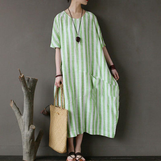 Retro Loose Round Neck Short Sleeve Green Stripe Dress