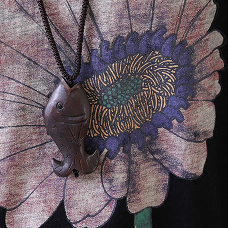 Three Quarter Sleeve Loose Sunflower Printed Black Tops