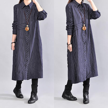 Navy Blue Stripe Cotton  Linen Stand Collar Women Long Shirt