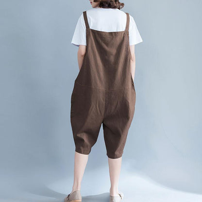 Women Linen Loose Casual Summer Plain Coffee Jumpsuit Pants