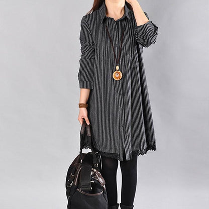 Loose Cotton Printing Lace Hem Black Dress