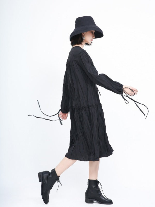 Loose Solid Pleated Lace Up Dress