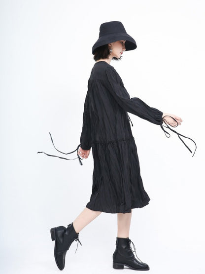 Loose Solid Pleated Lace Up Dress