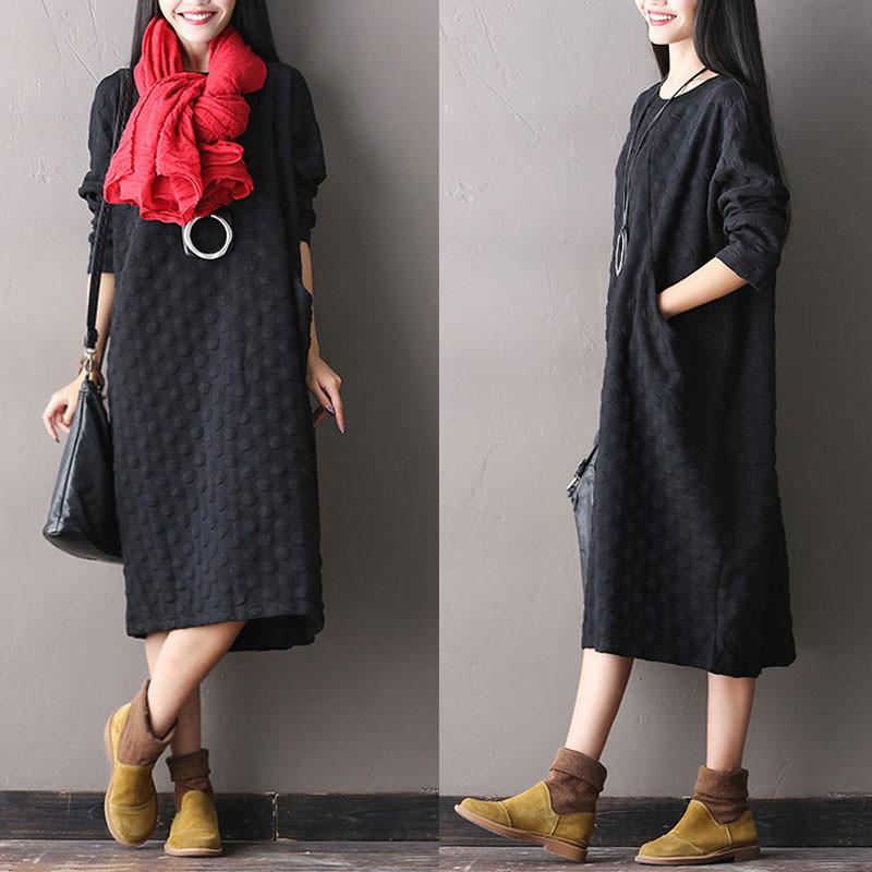 Polka Dot Stretch Cotton Long Sleeved Dress