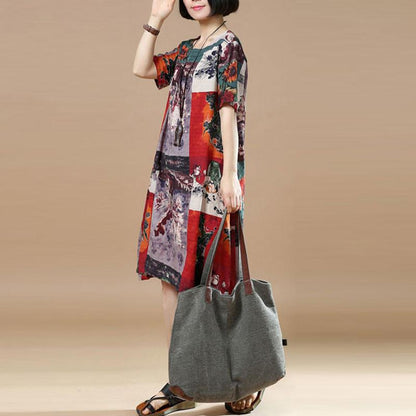Summer Retro Printing Loose Red Dress