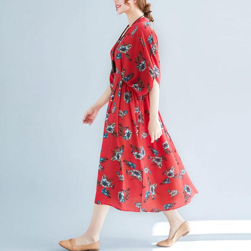 V Neck Loose Plus Size Printed Chiffon Dress