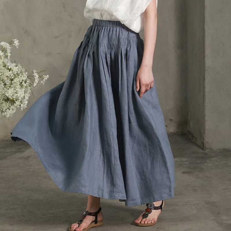 Causal Women Cotton Linen Loose Blue Pleated Skirt