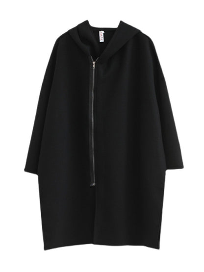 Casual Loose Solid Color Zipper Hooded Batwing Sleeves Outwear