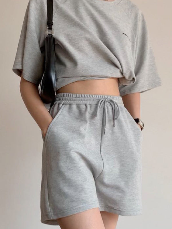 Casual Drawstring Elasticity Waist Solid Wide-Leg Shorts