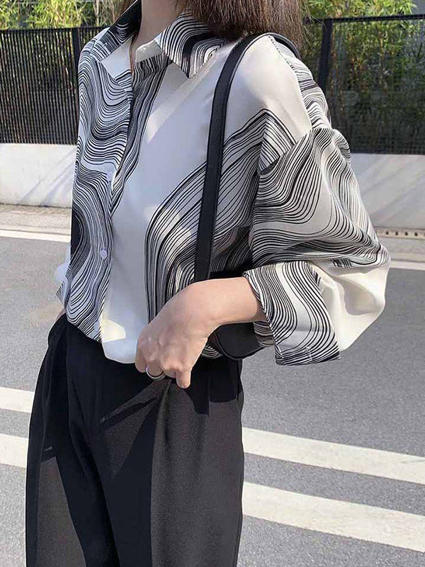 Urban Printed Buttoned Asymmetric Lapel Blouses Tops
