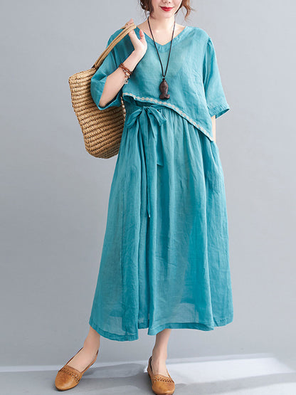 Artistic Retro Solid Color Split-Joint Pleated Tied Embroidered Half Sleeves V-Neck Midi Dress