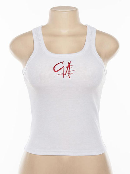 Embroidered Wrap Round-neck Sleeveless Vset Top