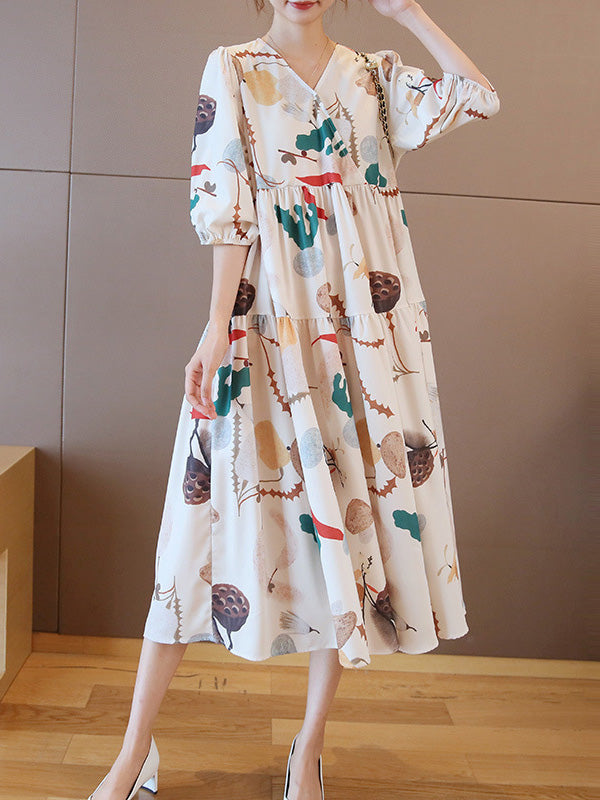 Original Printing Split-Joint V-Neck Midi Dress