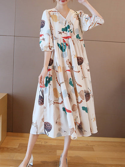 Original Printing Split-Joint V-Neck Midi Dress