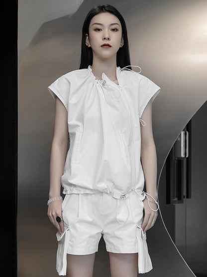 Stylish Black&White Drawstring Pleated Zipper Cap Sleeve Shirts