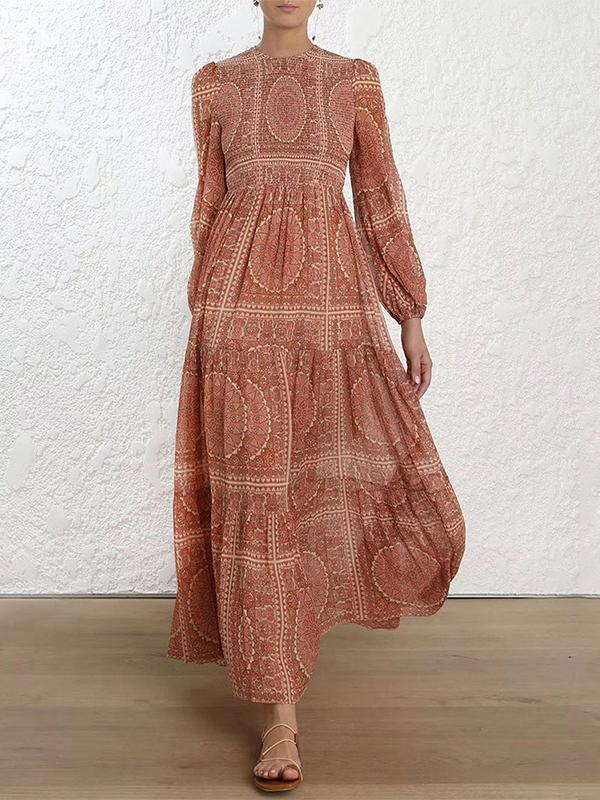 Totemic Printed Round Collar Lantern Long Sleeve Maxi Dress