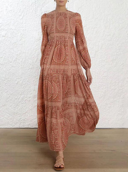 Totemic Printed Round Collar Lantern Long Sleeve Maxi Dress