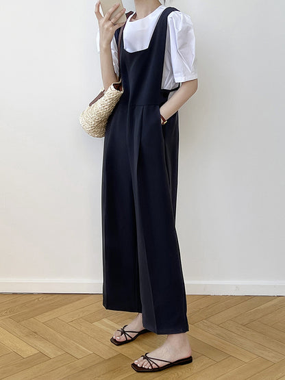 Casual Loose Solid Color Wide Leg Overalls