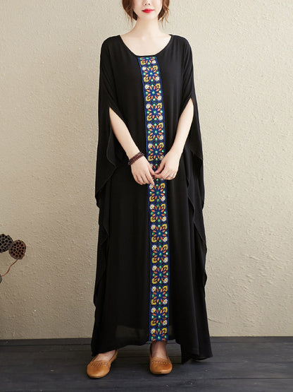 National Loose Embroidered Round-Neck Batwing Sleeves Midi Dress
