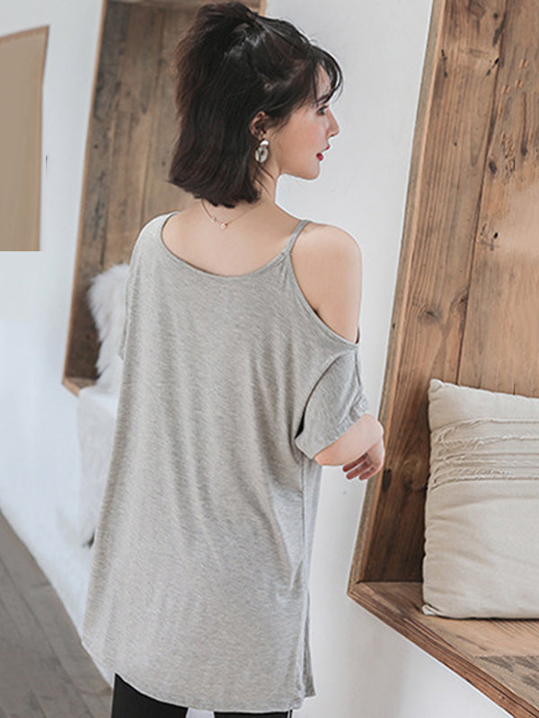Casual Solid Color Asymmetric Cold Shoulder Spaghetti-Neck T-Shirt