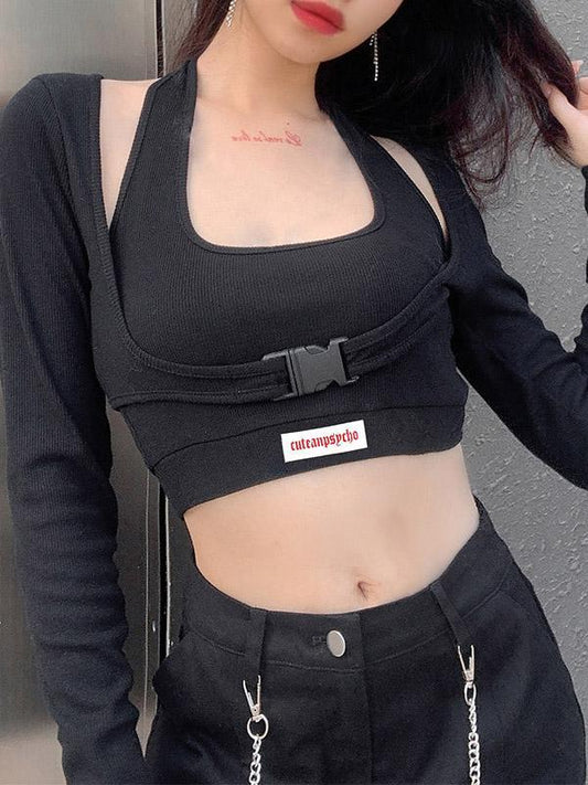 Sexy Printed Halter Neck  Long Sleeves Two-Piece Tees