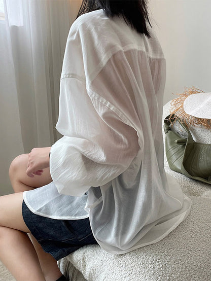 Casual See-Through Sun Protection Lapel Long Sleeves Blouses