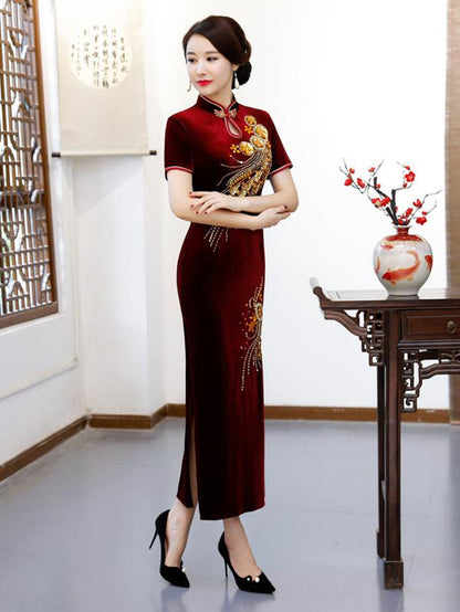 Gracious Beaded Split-side Pleuche Cheongsam