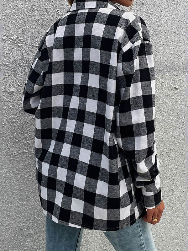 Causal Lapel Buttoned Plaid Long Sleeves Blouses