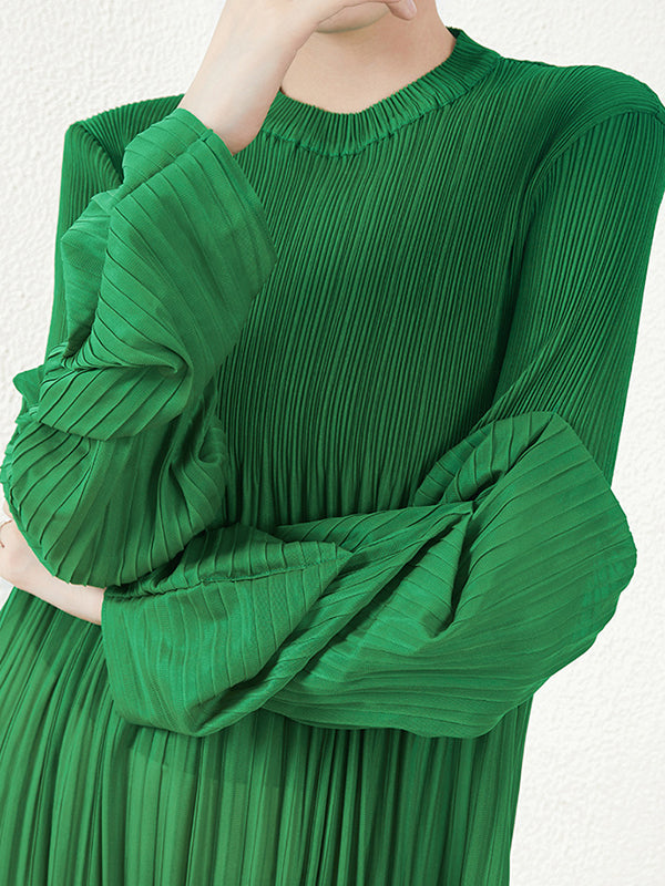 Loose Long Pile Sleeves Pleated Solid Color Round-Neck Midi Dresses