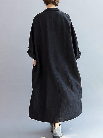 Loose Cotton Black Lapel Split-side Long Dress
