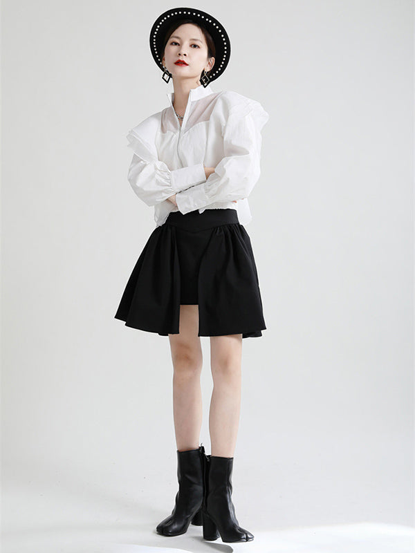 Stylish Solid Color Split-Joint Mesh Falbala Zipper Stand Collar Long Sleeves Outwear