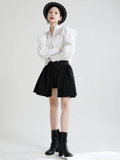 Stylish Solid Color Split-Joint Mesh Falbala Zipper Stand Collar Long Sleeves Outwear