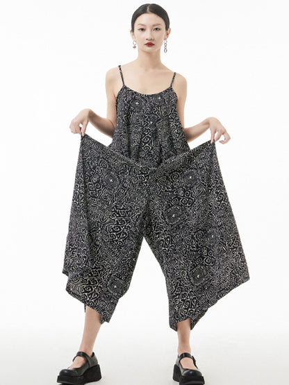 Original Loose Black Printed Spaghetti-Neck Wide Leg Jumpsuits
